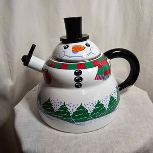 Roshco Porcelain on Steel Christmas Snowman Tea Kettle Frosty